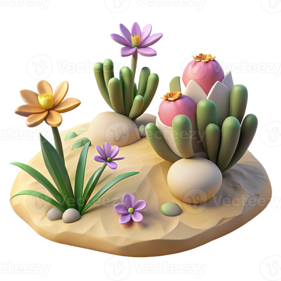 beautiful vintage Desert Bloom Ecosystem with Colorful Flowers Isolated authentic png