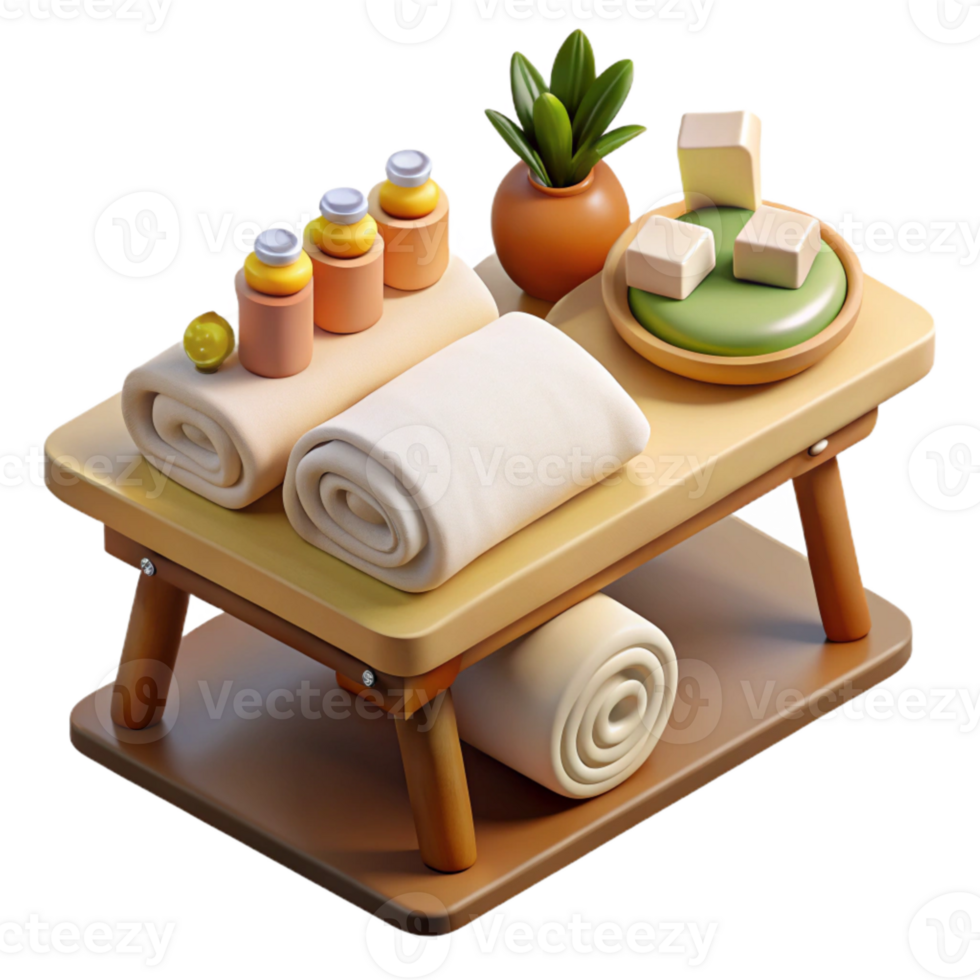 dramatic abstract Spa Massage Table with Towels and Oils Flat Lay detailed png