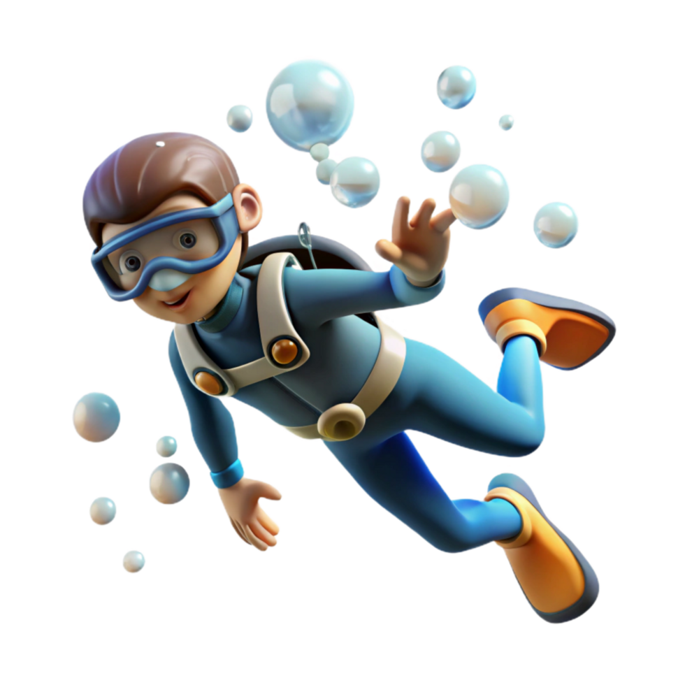 serene classic Diver Ascending Surface Bubbles Rising Transparent Background authentic png