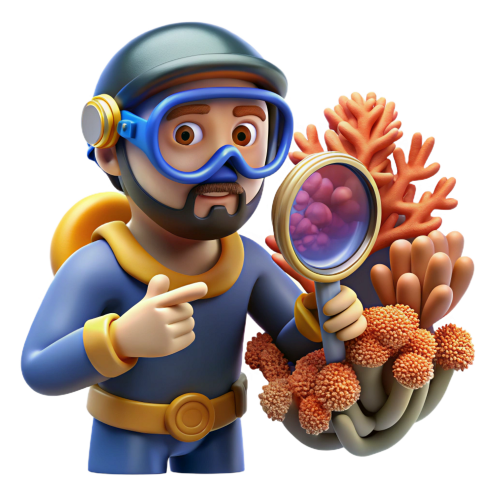 impressive traditional Diver Examining Coral Close Up Isolated Element original png