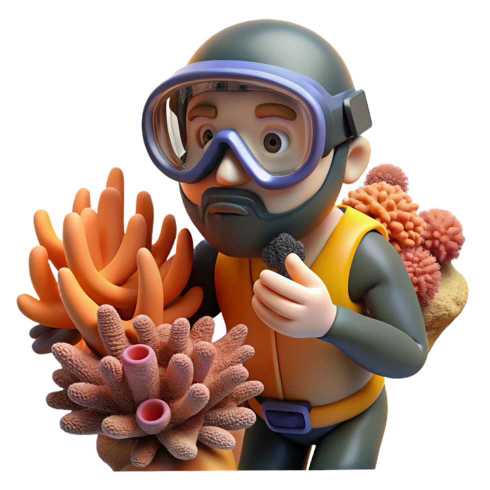 dramatic artistic Diver Examining Coral Cutout Close Up View detailed png