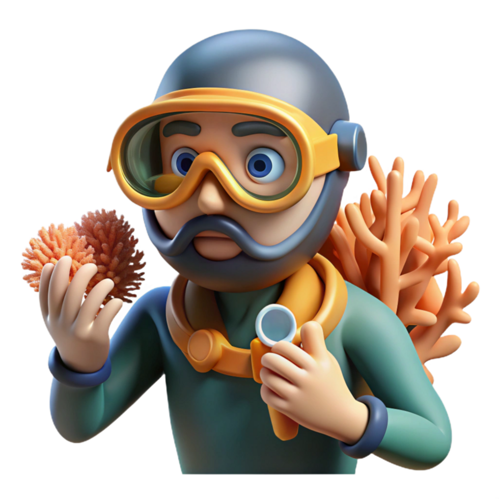 elegant rustic Diver Examining Coral Cutout Close Up View professional png