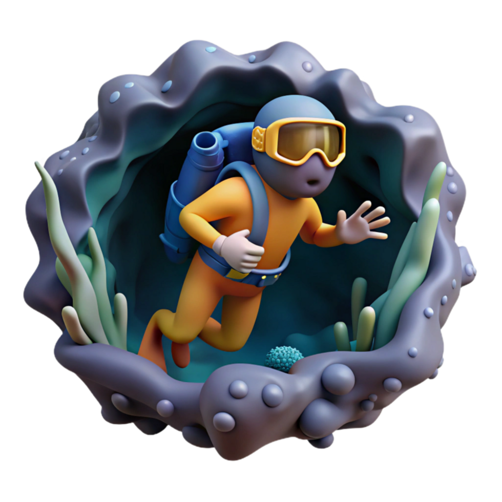 wonderful contemporary Diver Exploring Underwater Cave Cutout Dark Environment authentic png
