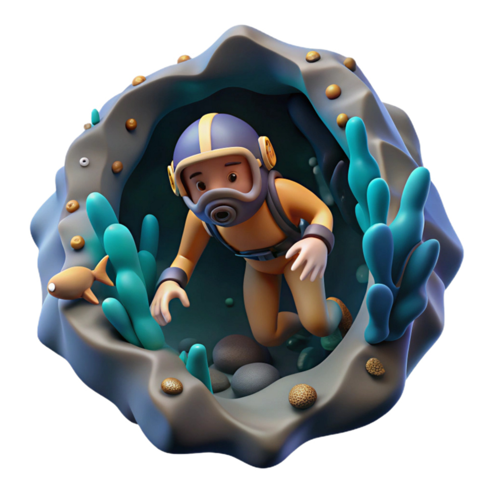 stunning rustic Diver Exploring Underwater Cave Cutout Dark Environment high resolution png