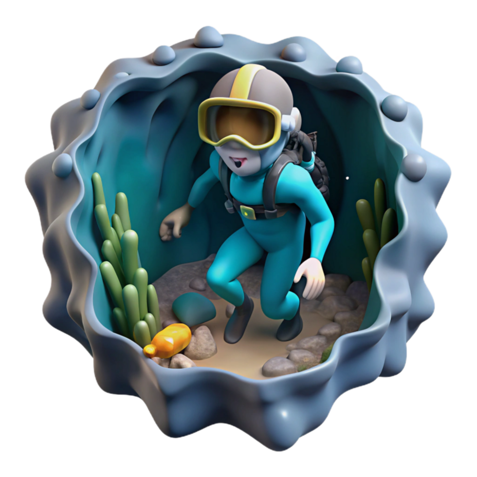 serene minimalist Diver Exploring Underwater Cave Cutout Dark Environment professional png