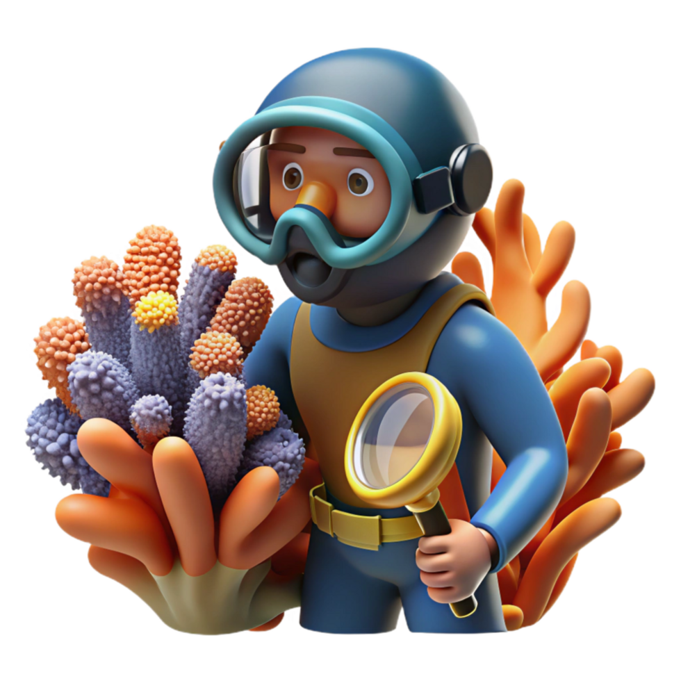 serene traditional Diver Examining Coral Cutout Close Up View high resolution png