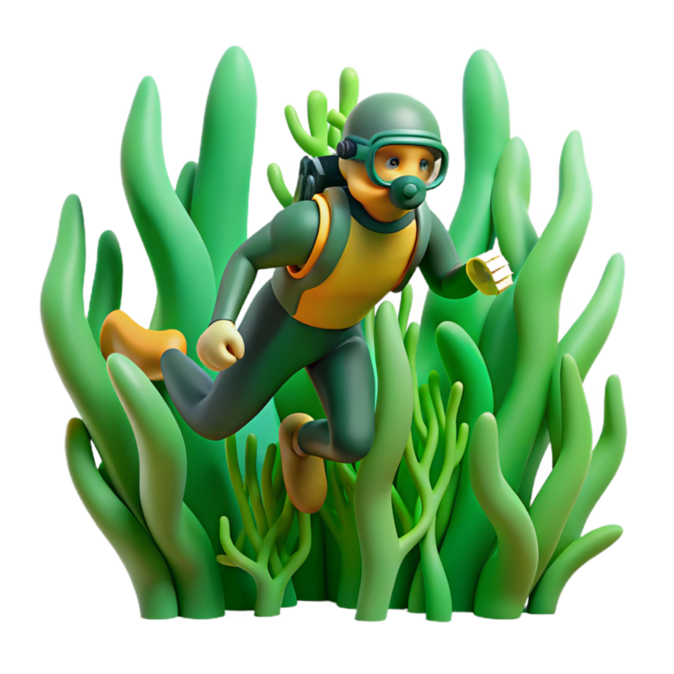 beautiful modern Diver Swimming Through Kelp Forest Cutout Green Hues professional png