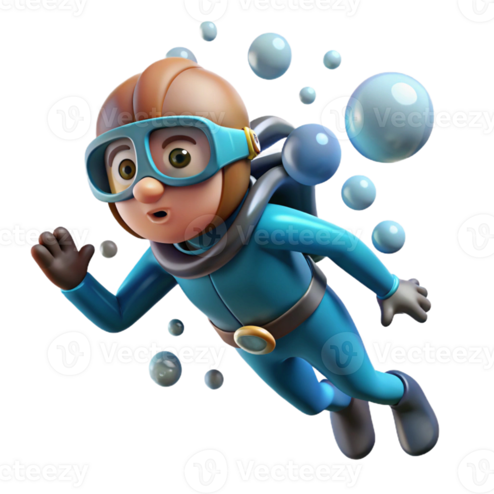 vibrant creative Diver Underwater Bubbles Rising Transparent Background premium png