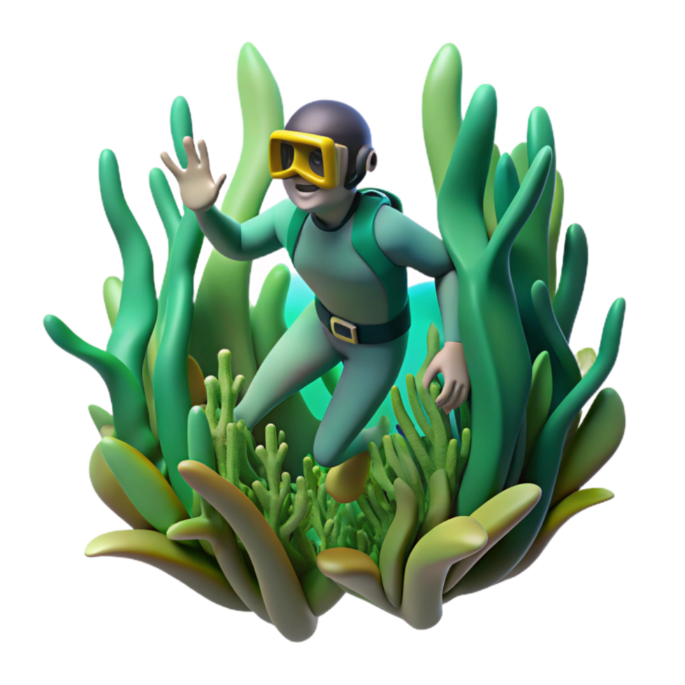 extraordinary minimalist Diver Swimming Through Kelp Forest Cutout Green Hues detailed png