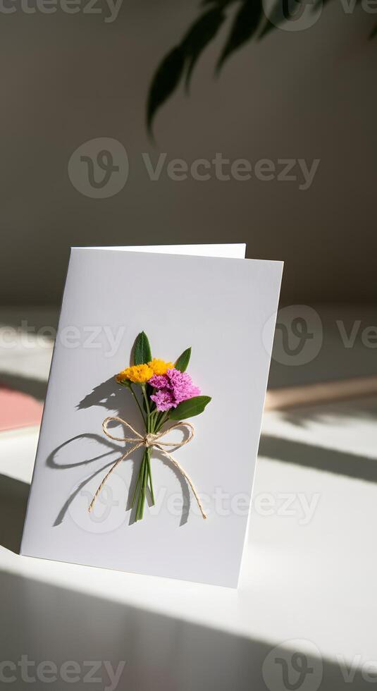 Elegant minimalist empty card copy space with tied flower bouquet in a soft natural sunlight casting delicate shadows photo