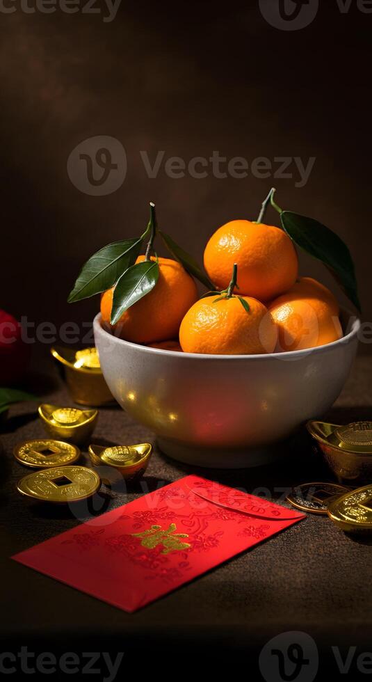 Fresh tangerines with green leaves in ceramic bowl golden ingots red envelope symbolize prosperity luck Chinese New Year photo