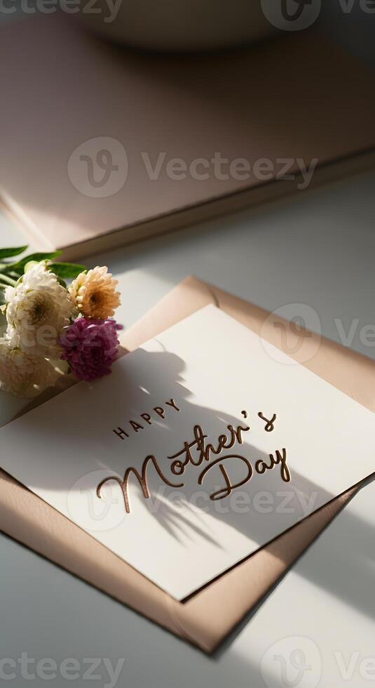 Happy Mothers Day card with the elegant gold lettering and fresh flower bouquet minimal design warm natural lighting soft shadows photo