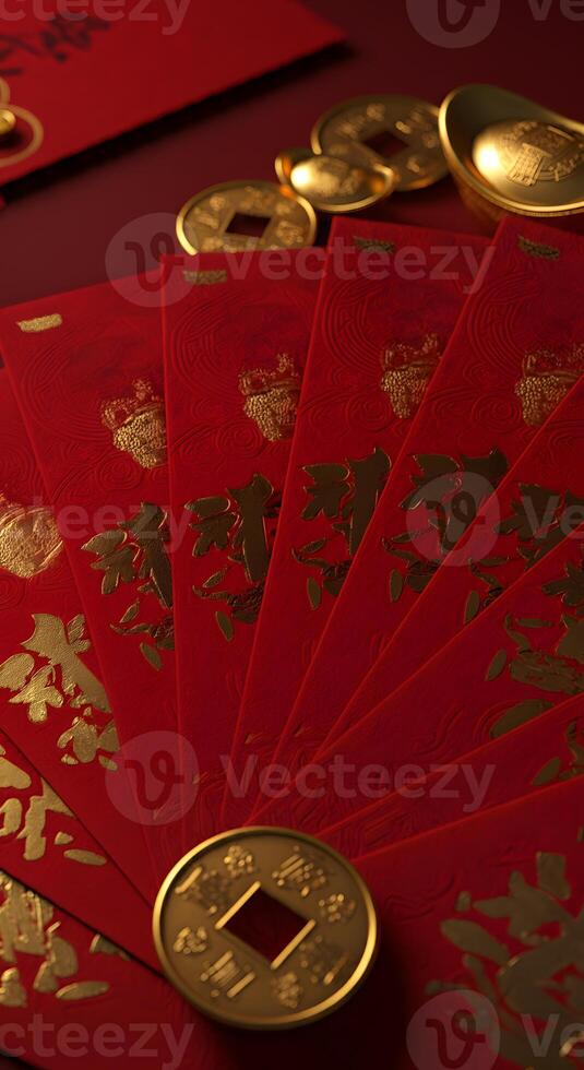 Traditional Chinese red envelopes with the golden ingots and coins symbolizing prosperity wealth and good fortune Lunar New Year gift photo