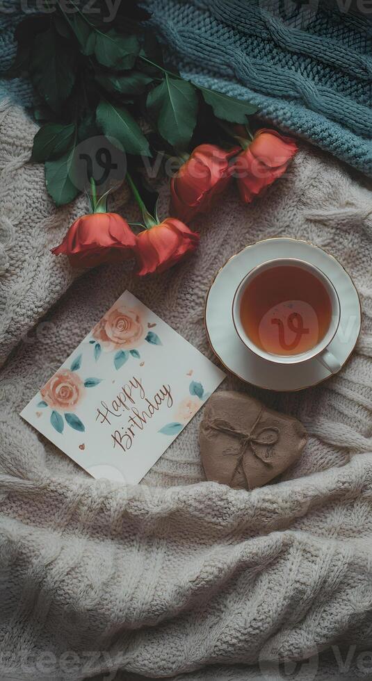 Romantic birthday tea setup with red roses handmade card and rustic wrapped gift on soft wool blanket photo