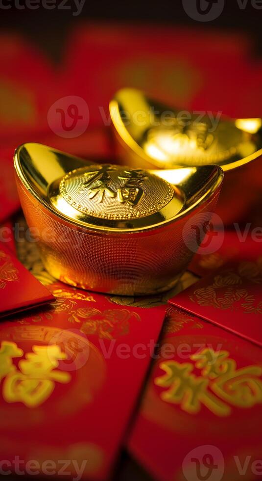 Shiny golden ingots on red envelopes symbolize prosperity wealth Chinese New Year lucky money tradition good fortune photo