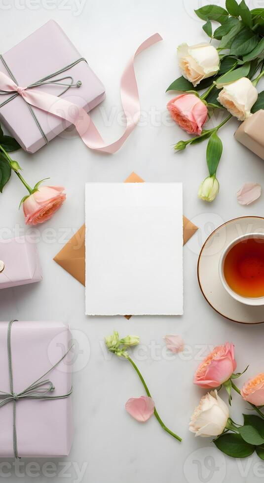 Elegant floral flat lay with the pastel roses gift box tea cup and blank card romantic celebration luxury aesthetic minimal photo