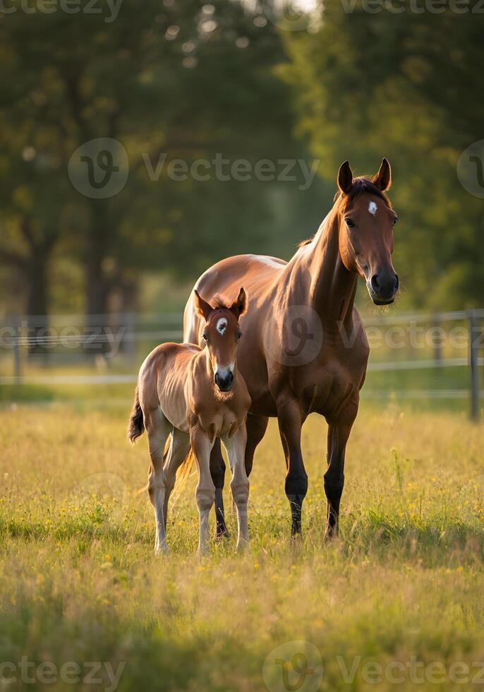 Beautiful mare standing beside her young foal in sunlit green pasture with soft golden light in countryside photo
