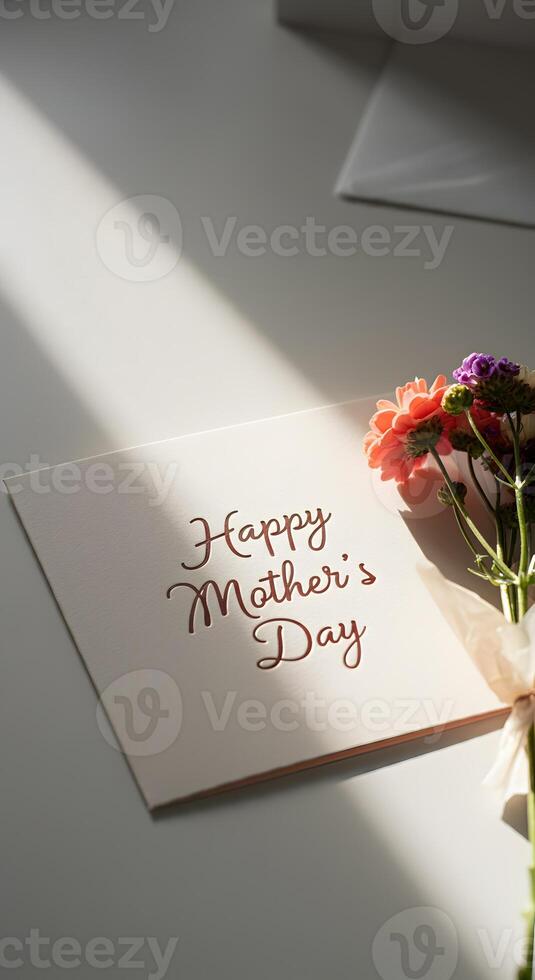 Happy Mothers Day card with elegant gold lettering and fresh flower bouquet minimal design warm natural lighting soft shadow photo