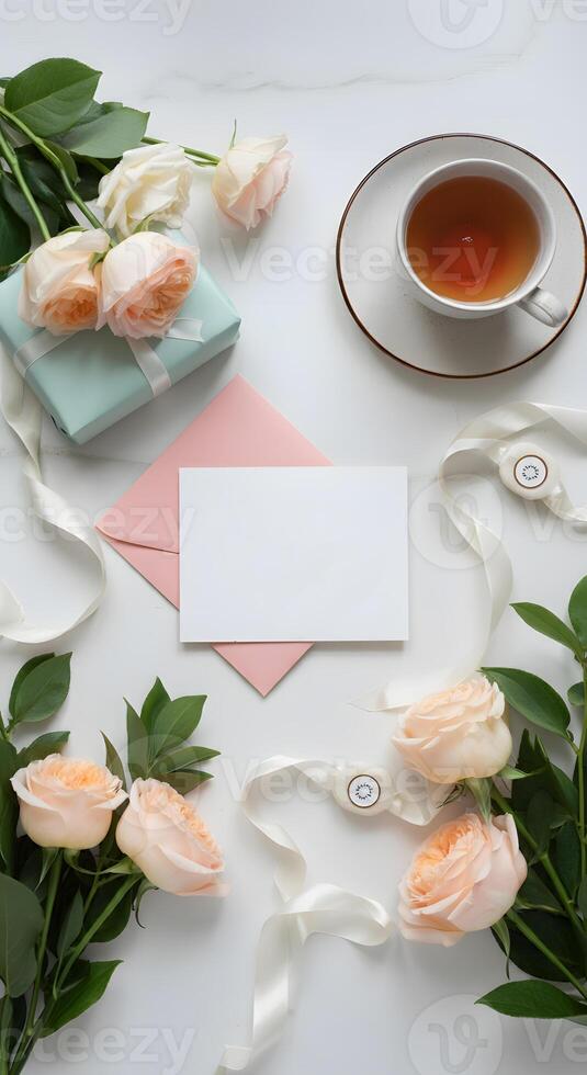 Elegant floral flat lay with pastel roses gift box tea cup and a blank card romantic celebration luxury aesthetic minimal photo
