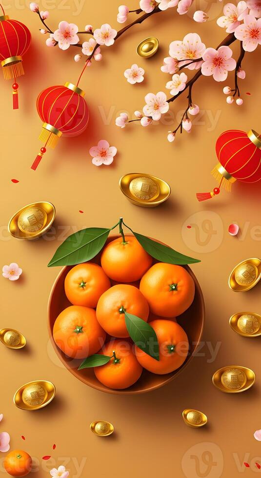 Fresh tangerines with red lanterns golden ingots festive Chinese New Year setting prosperity abundance luck tradition photo