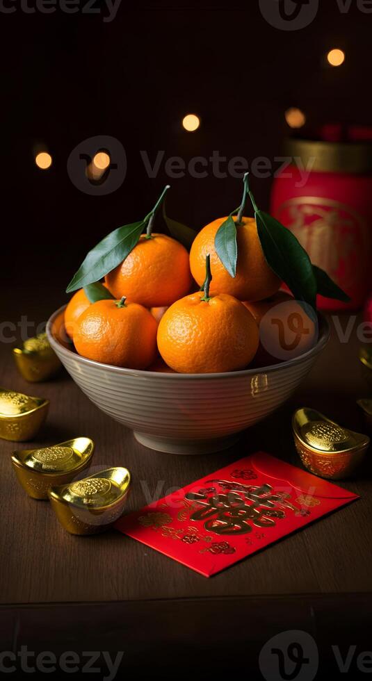 Fresh tangerines with green leaves in a ceramic bowl golden ingots red envelope symbolize prosperity luck Chinese New Year photo