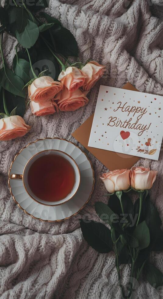 Romantic birthday tea setup with red roses handmade card and a rustic wrapped gift on soft wool blanket photo