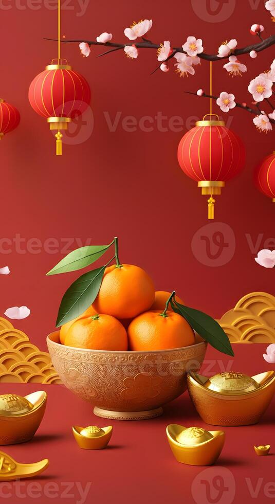 Fresh tangerines with red lantern golden ingots festive Chinese New Year setting prosperity abundance luck tradition photo