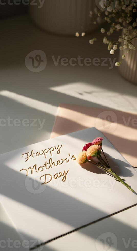 Happy Mothers Day card with elegant gold lettering and fresh flower bouquet minimal design in warm natural lighting soft shadows photo