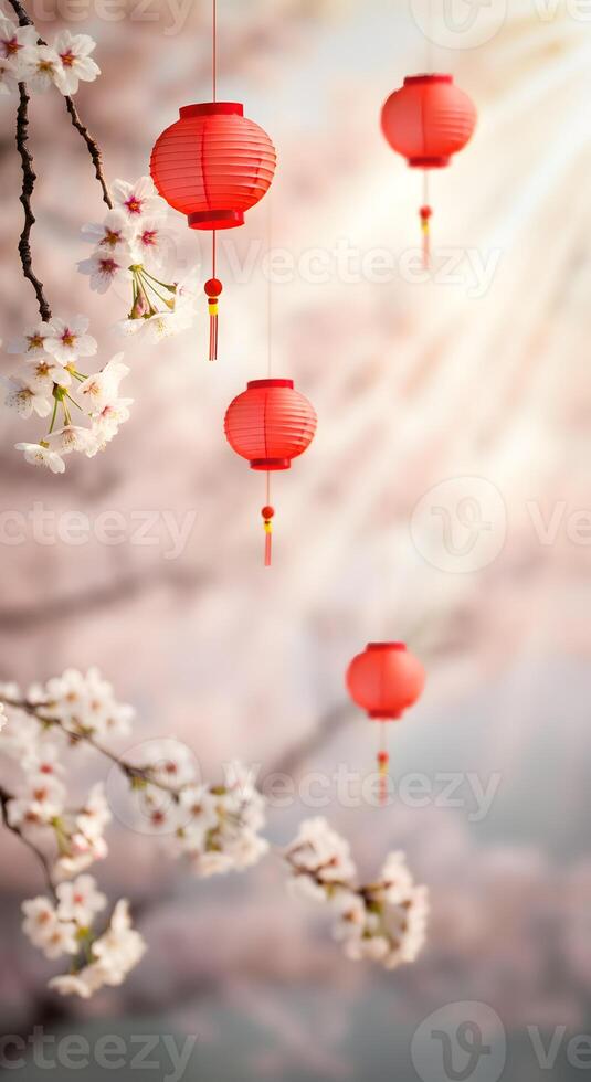 Hanging red Chinese lanterns among cherry blossoms at a sunrise festive springtime celebration for Lunar New Year festival theme photo