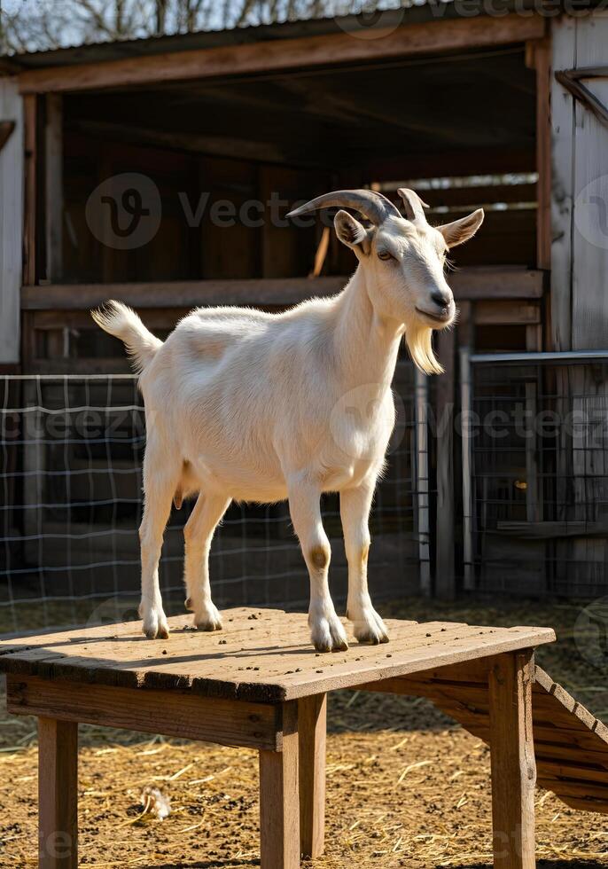 White goat standing on wooden platform in sunlight at a rural farm showcasing rustic livestock and country life photo