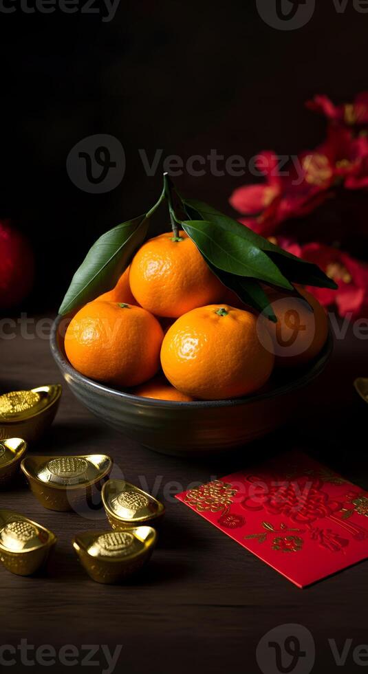 Fresh tangerines with green leaves in ceramic bowl golden ingots red envelope symbolizing prosperity luck Chinese New Year photo