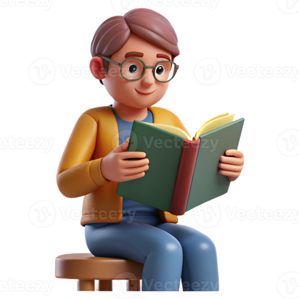 serene contemporary Student Reading Book in Library Transparent Background authentic png