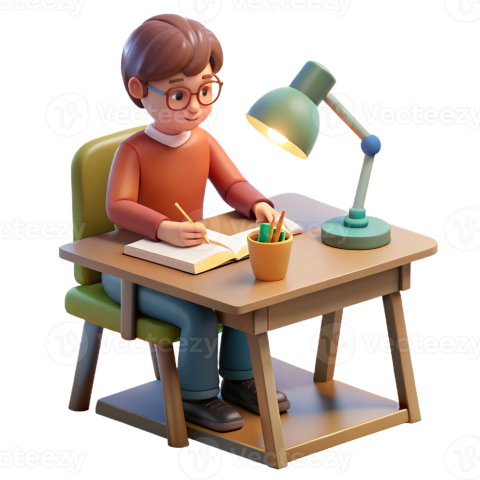 beautiful artistic Student Studying at Desk with Lamp Transparent Background detailed png