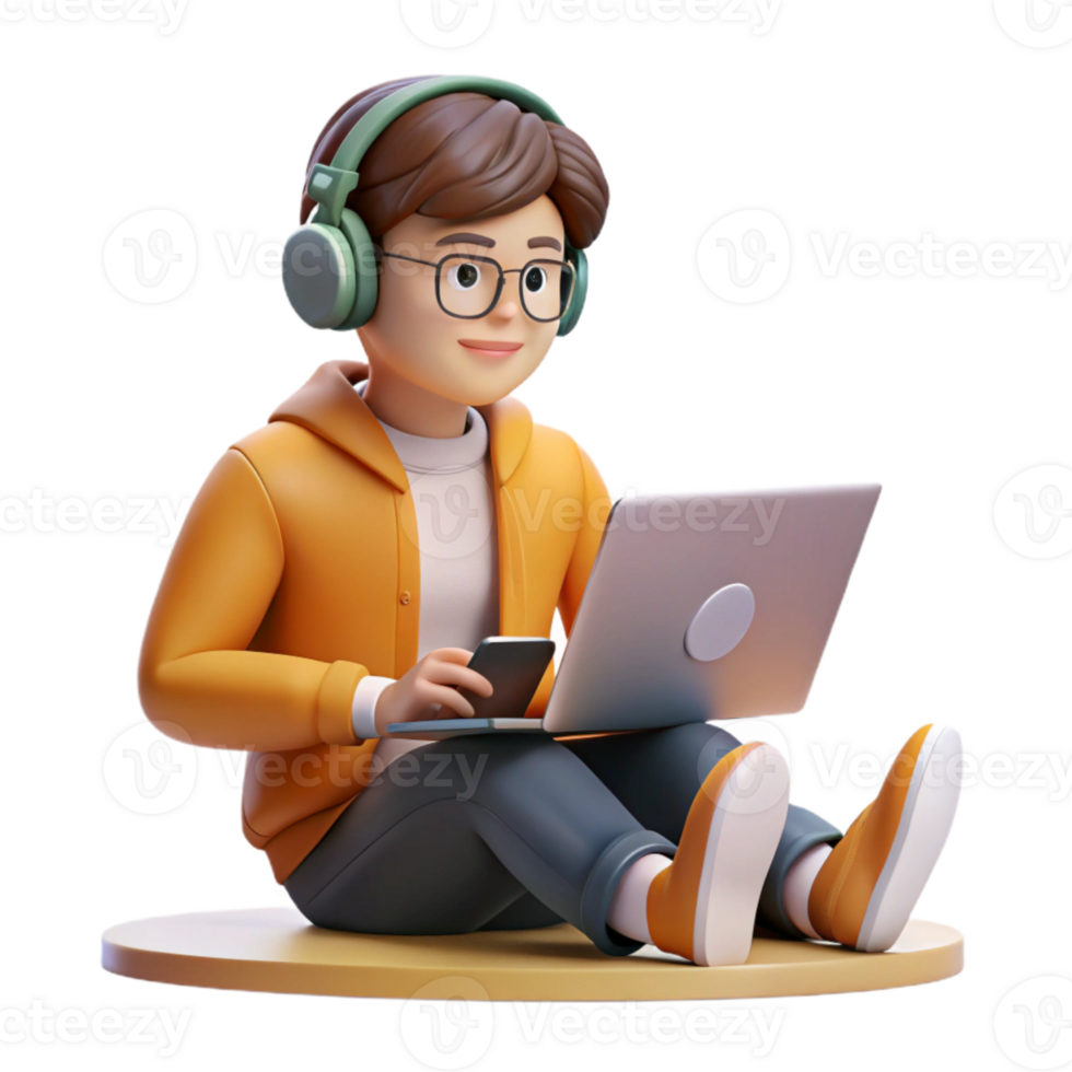 impressive modern Student Studying with Laptop and Headphones Transparent Background detailed png