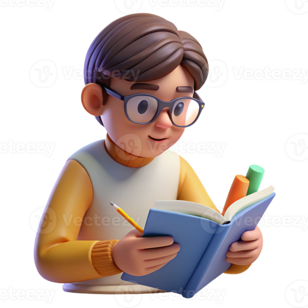 magnificent classic Student Studying with Textbook and Highlighter Transparent Background high resolution png