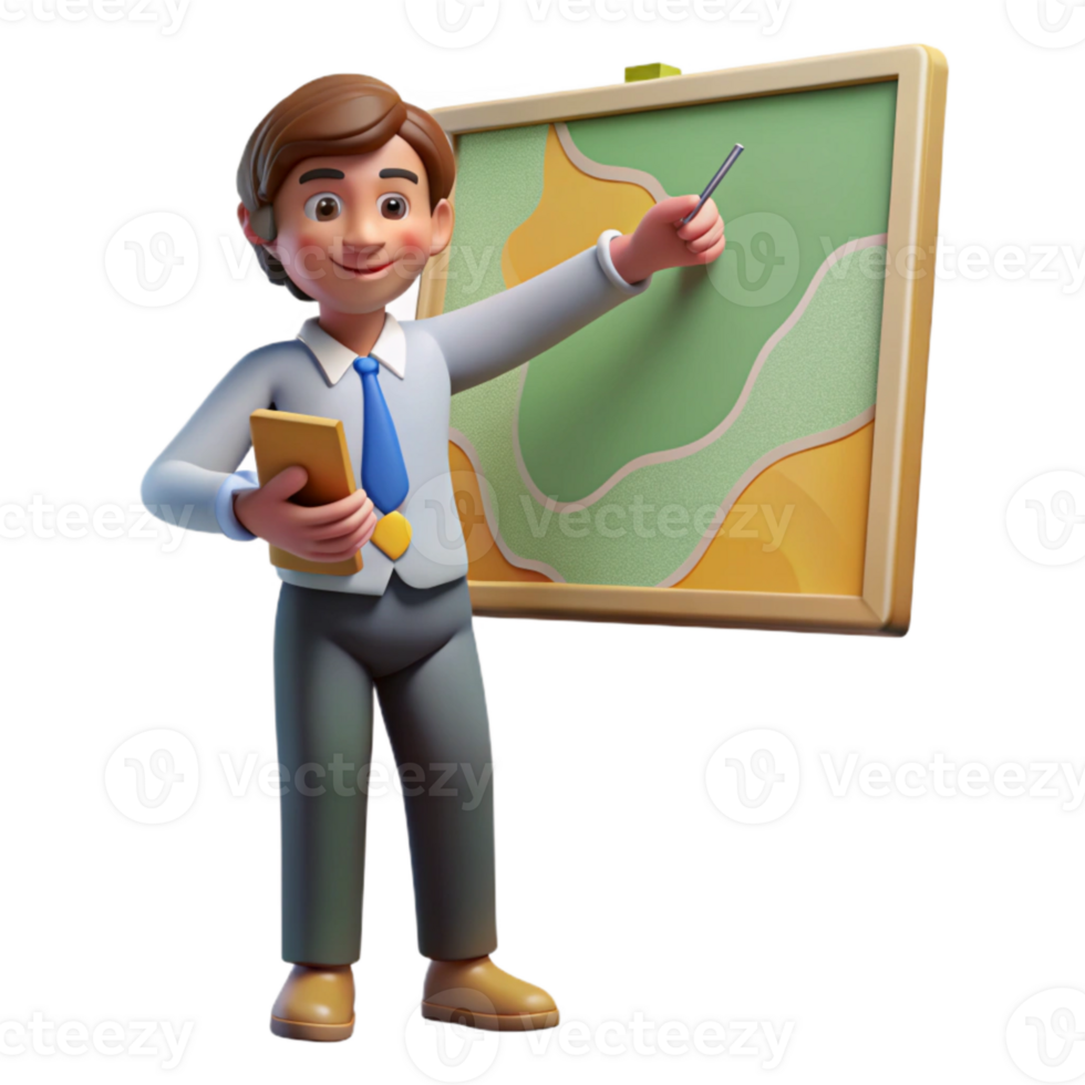 extraordinary contemporary Teacher Pointing at Map on Whiteboard Side View Isolated professional png