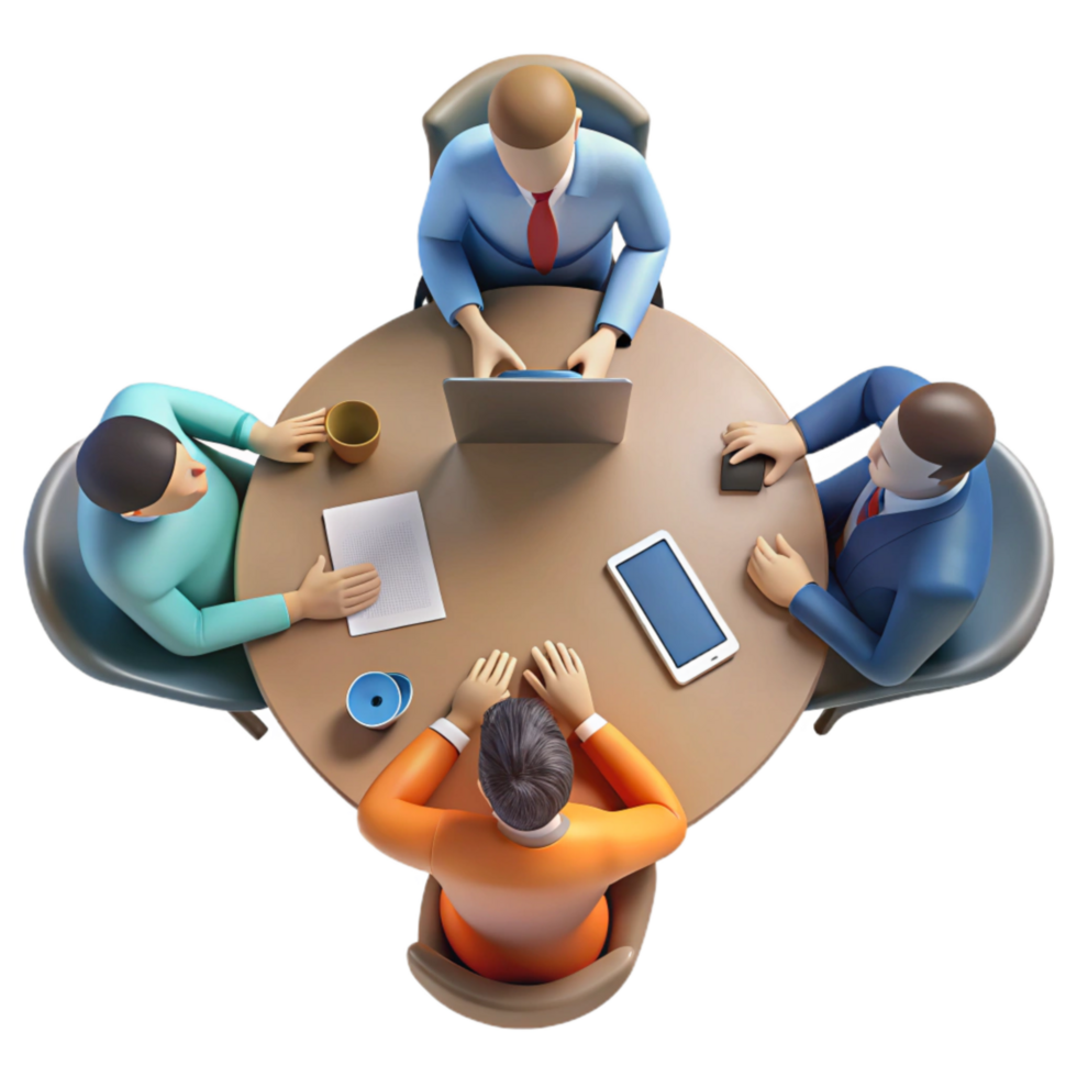 dramatic artistic Team Meeting Around Table Top View Transparent Background professional png