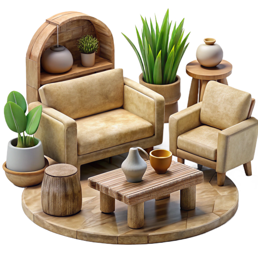 vibrant minimalist Eco Friendly Furniture Set Isolated with Wooden Texture exclusive png