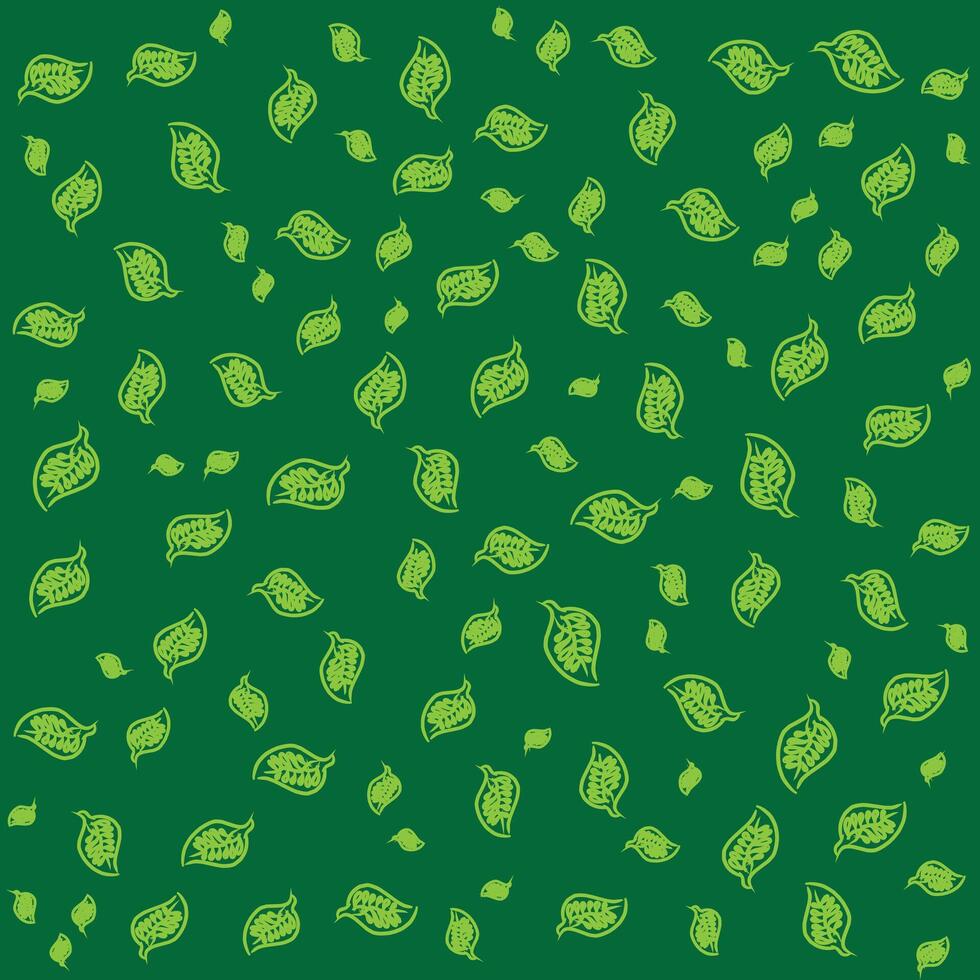 A green background with many leaves scattered around. The leaves are of different sizes and shapes, creating a sense of depth and movement vector