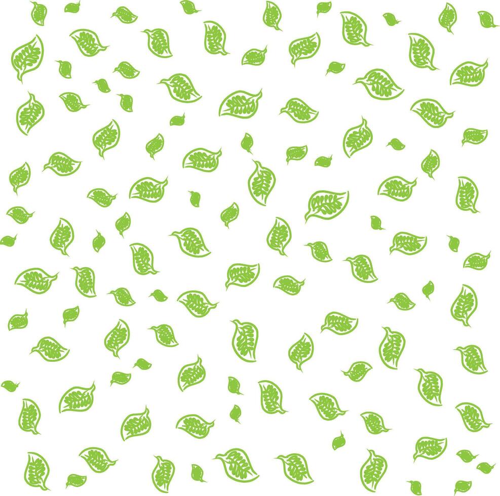 A white background with many leaves scattered around. The leaves are of different sizes and shapes, creating a sense of depth and movement vector