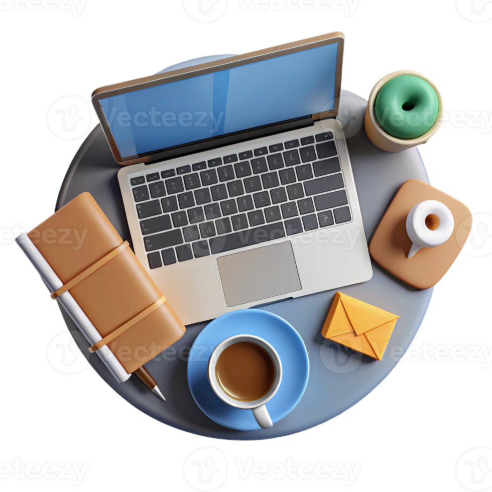 serene modern Top View of Workspace with Laptop and Phone Isolated Element professional png