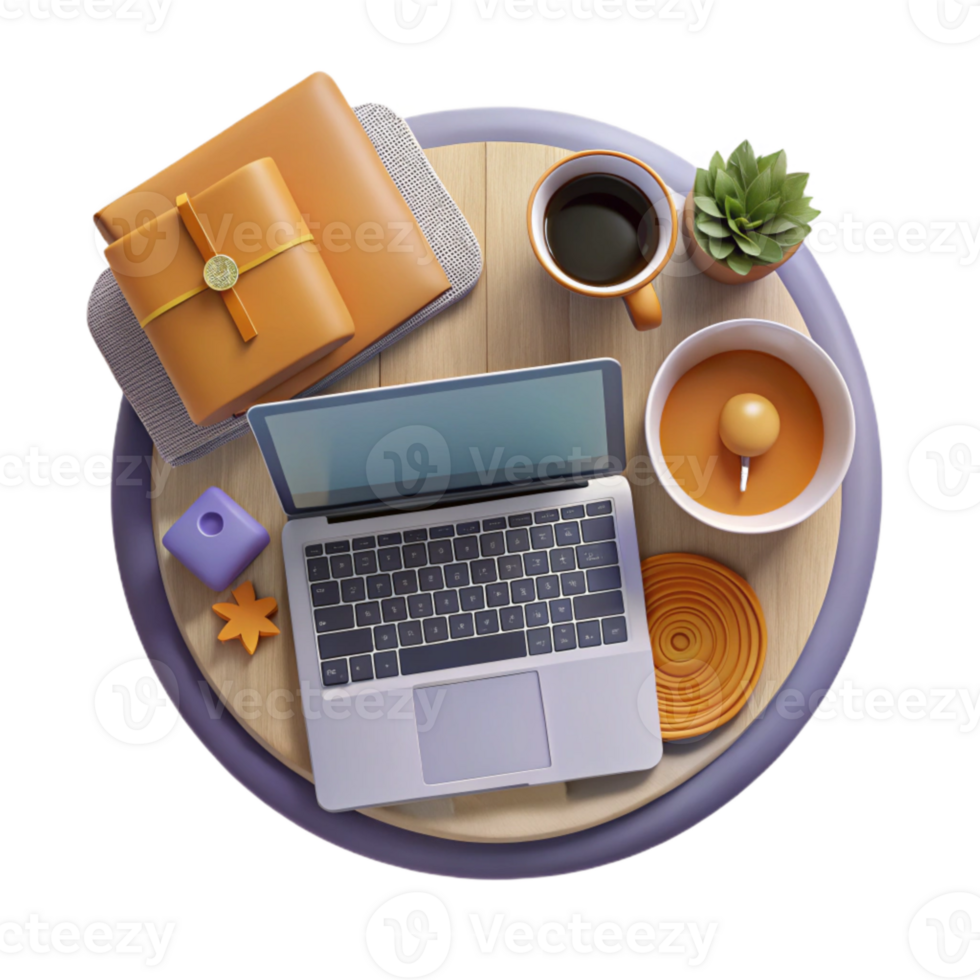 beautiful contemporary Top View of Workspace with Laptop and Phone Isolated Element png