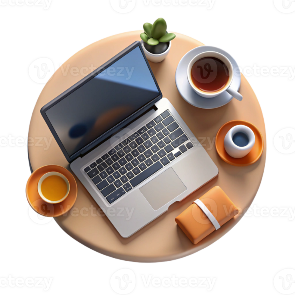 elegant traditional Top View of Workspace with Laptop and Phone Isolated Element png