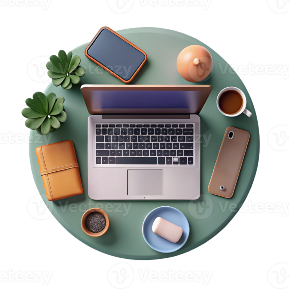 beautiful abstract Top View of Workspace with Laptop and Phone Isolated Element high resolution png