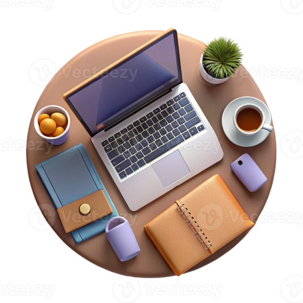 impressive modern Top View of Workspace with Laptop and Phone Isolated Element detailed png