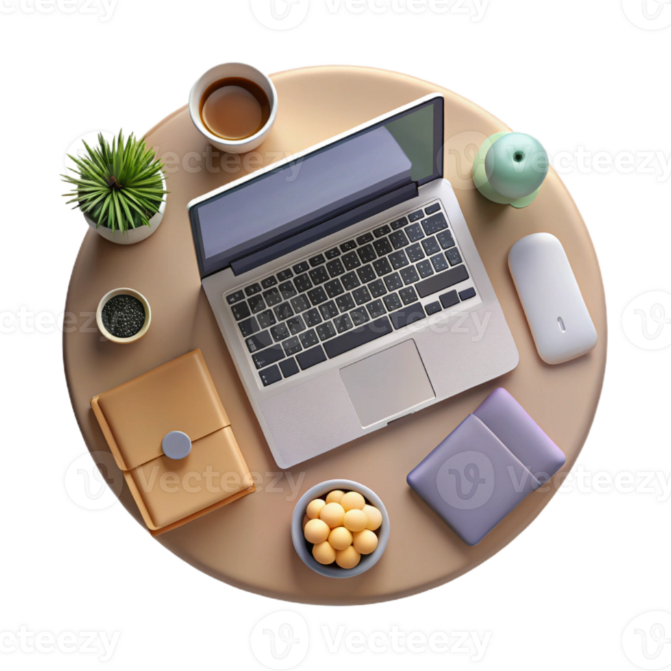 extraordinary modern Top View of Workspace with Laptop and Phone Isolated Element premium png
