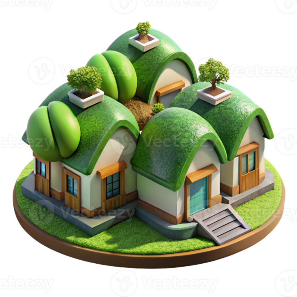 beautiful artistic Eco Village Housing Development Isolated with Green Roofs premium png