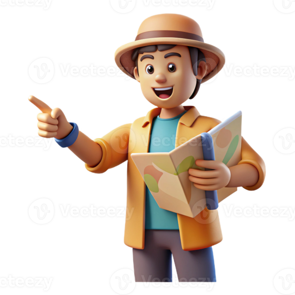 vibrant traditional Tourist Holding Map and Pointing Isolated Element high quality png