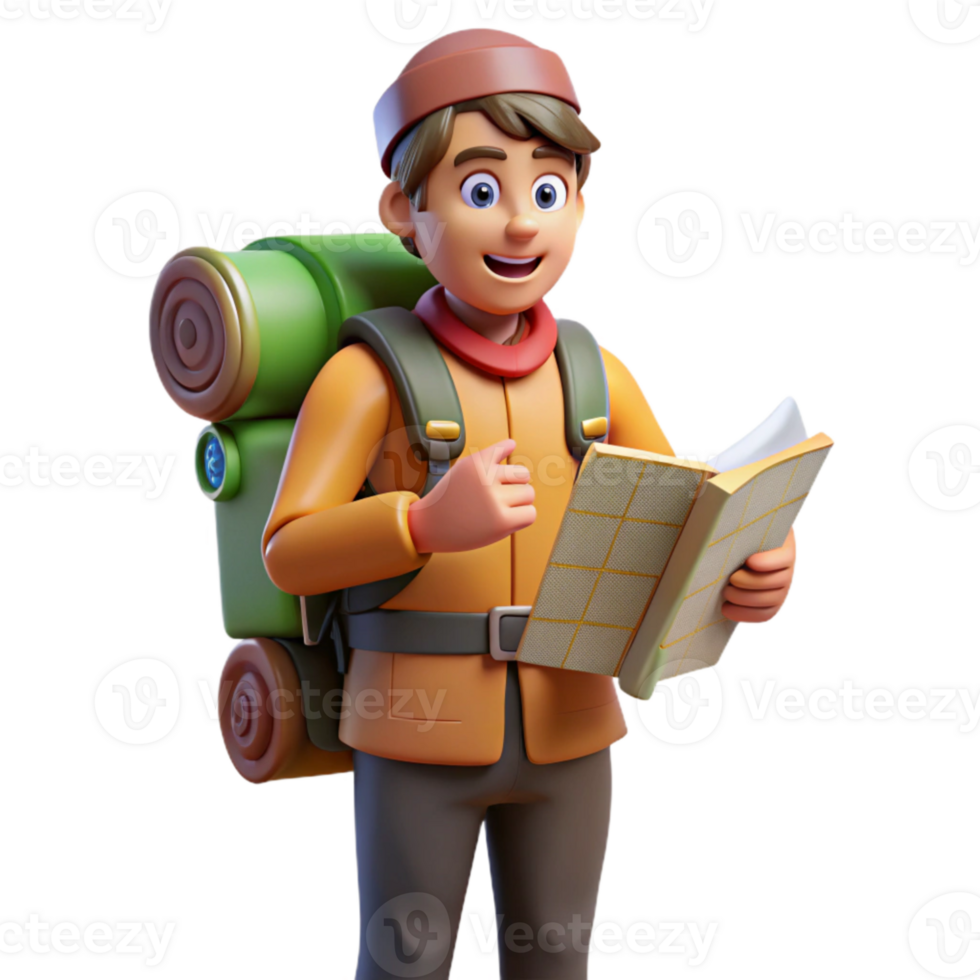 vibrant minimalist Tourist with Backpack and Map Isolated on White premium png