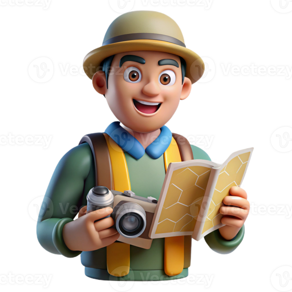 beautiful rustic Tourist with Map and Camera Isolated on White detailed png